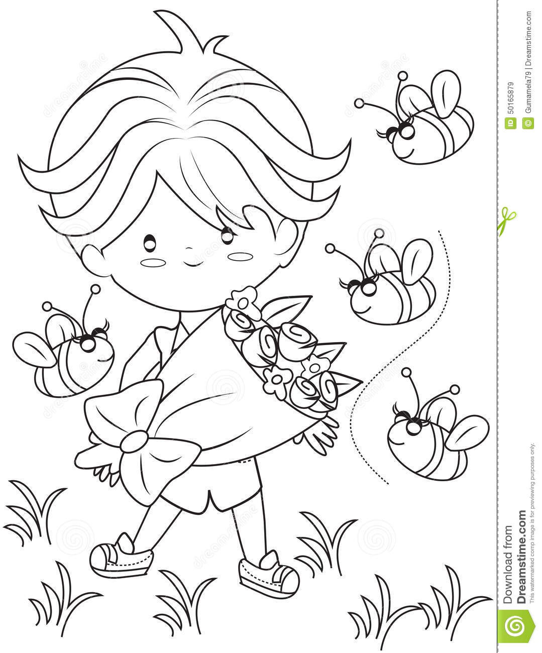 Coloring Pages Of Roses For Boys
 Boy With A Bouquet Flowers Coloring Page Stock