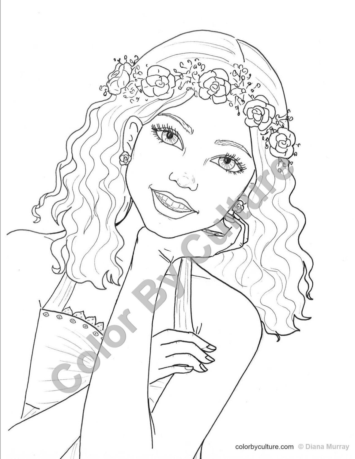 Coloring Pages Teen Girls With Phone
 Fashion Coloring Page Girl with Flower Wreath Coloring Page