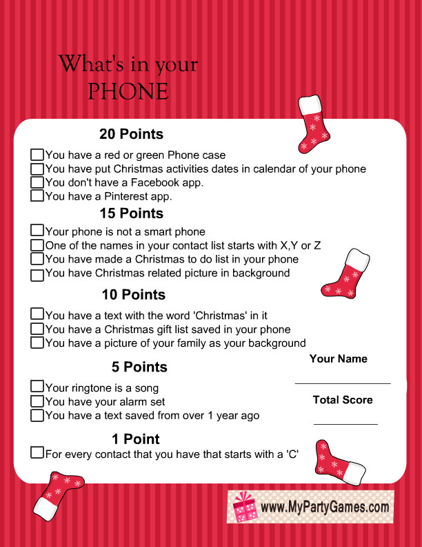 Company Holiday Party Games Ideas
 Free Printable What s in Your Phone Christmas Game
