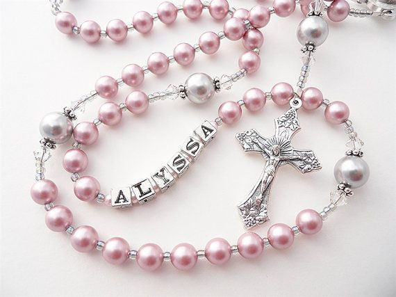 Confirmation Gift Ideas For Girls
 Personalized Swarovski Rosary in Dusty Rose and Gray