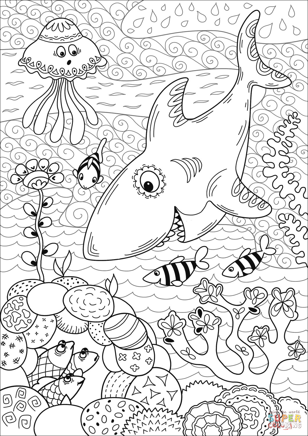 Coral Reef Coloring Pages
 Shark Hunting in Coral Reef coloring page