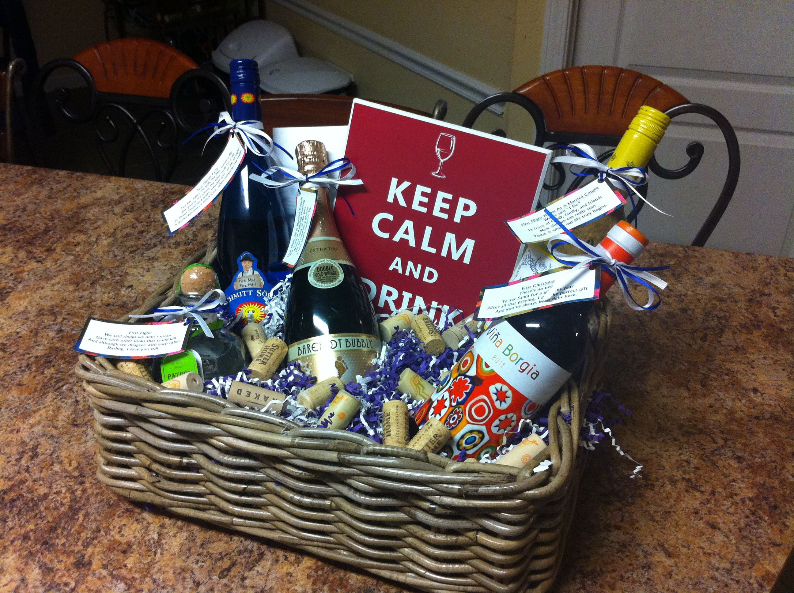 Couples Gift Basket Ideas
 "Basket of Firsts" for a stock the bar wedding shower