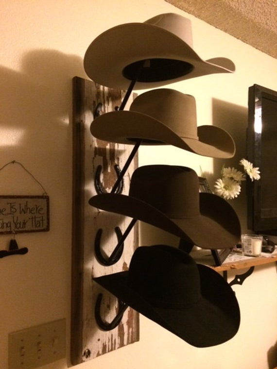 Cowboy Hat Rack DIY
 Horseshoe and Barn Wood Cowboy Hat Rack FREE SHIPPING