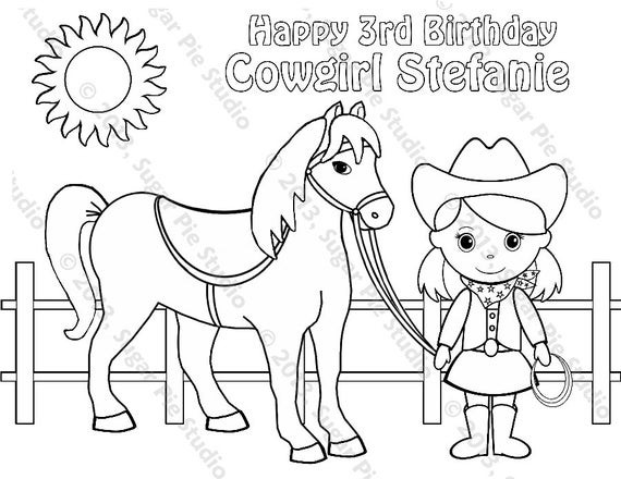 Cowgirl On A Horse Coloring Pages
 Personalized Printable Cowgirl Horse Birthday Party Favor