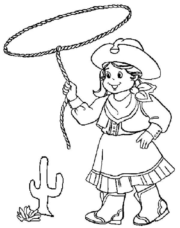 Cowgirl On A Horse Coloring Pages
 Little Cowgirl Training Using Lasso Coloring Page