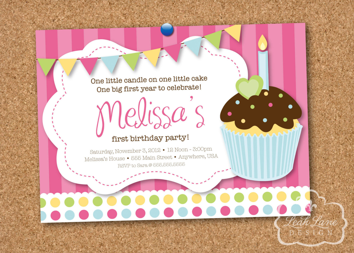 Cupcake Birthday Invitations
 Cupcake Girls First Birthday Party Printable Invitation