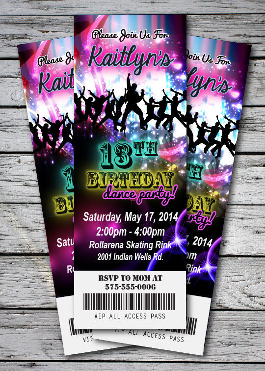 Dance Birthday Party Invitations
 DANCE Disco GLOW NEON Birthday Party Invitation TICKET