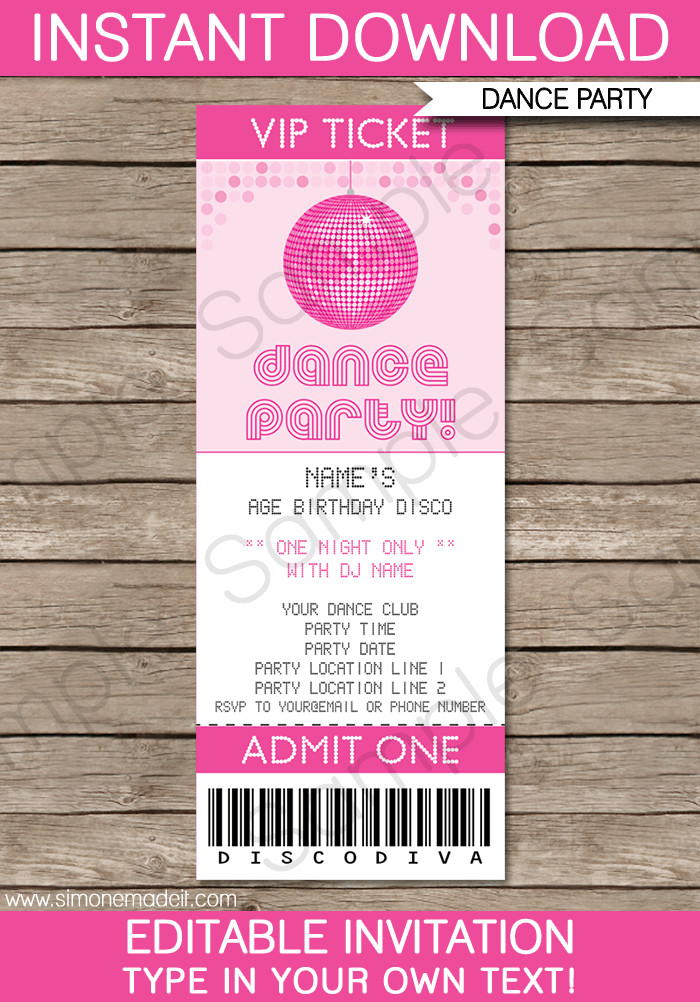 Dance Birthday Party Invitations
 Dance Party Ticket Invitations
