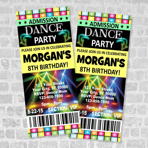 Dance Birthday Party Invitations
 Ticket Dance Party Invitation Custom Boy or Girl Dance