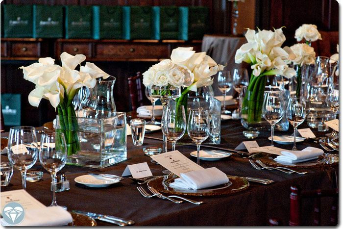 Dinner Party Decor Ideas
 chocolate brown tablecloth white florals perfectly