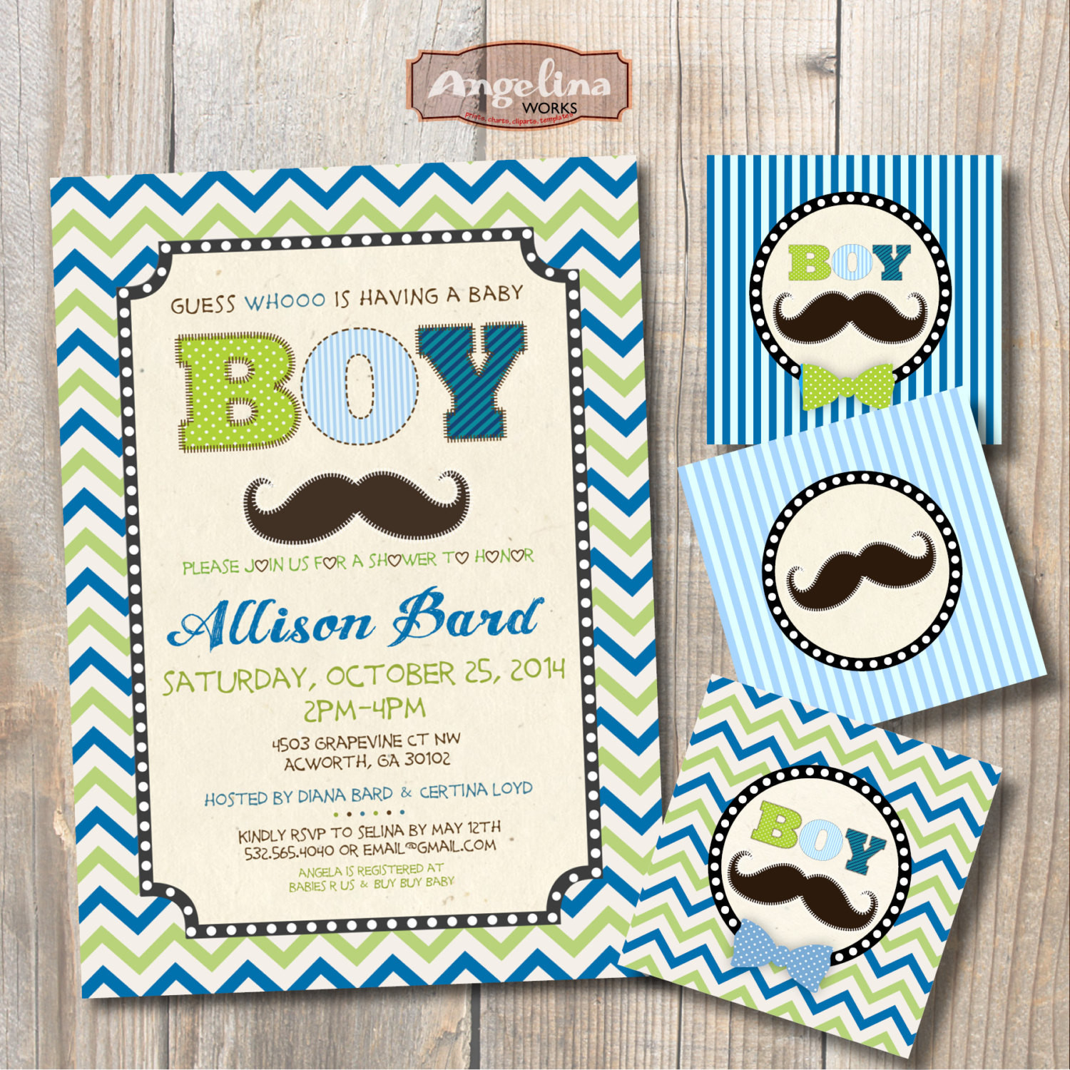 DIY Baby Shower Invitations Boy
 Baby Boy Shower invitation Mustache DIY card Favot tags