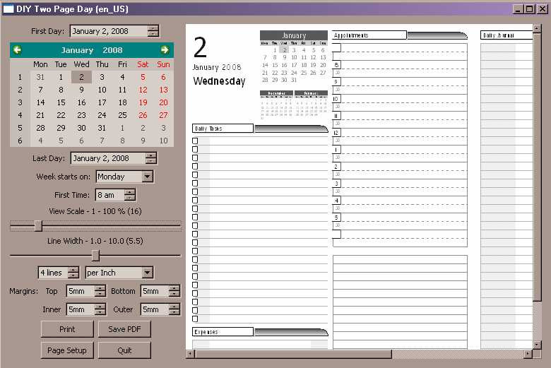 DIY Day Planner
 v1 Two Pages Per Day deprecated