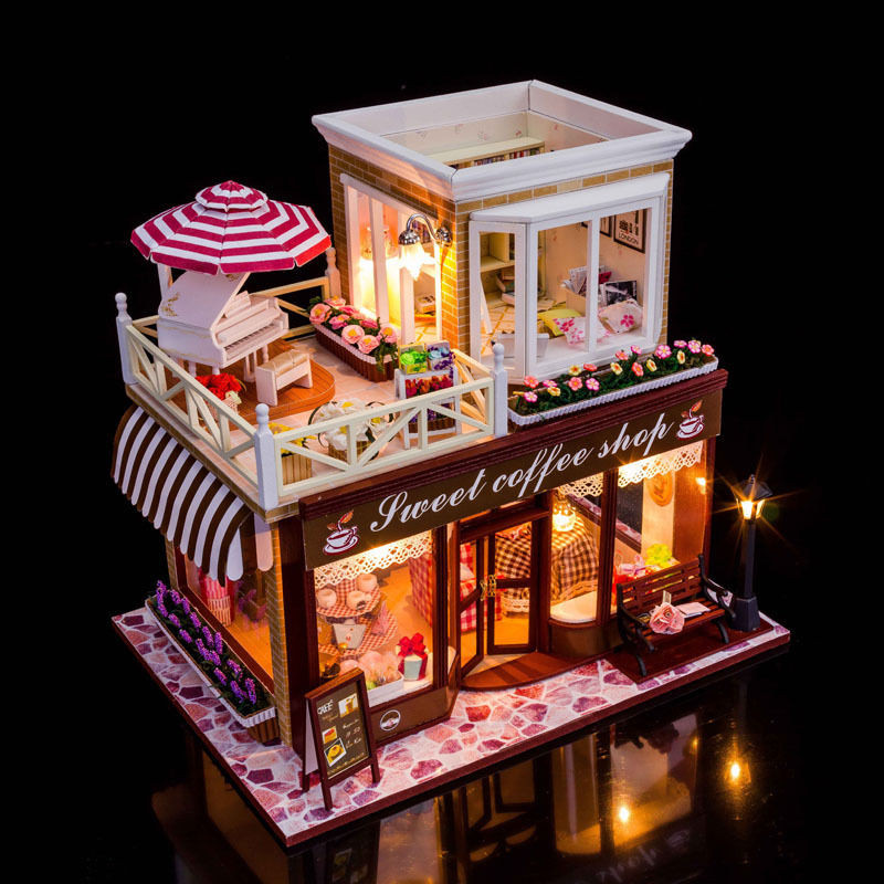 DIY Dollhouse Kit
 Dollhouse Miniature DIY Kit w Light Happy Cafe Sweet