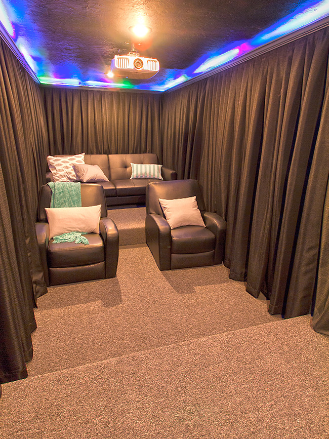 DIY Home Theater
 A DIY Home Theater room hang curtains around your seats