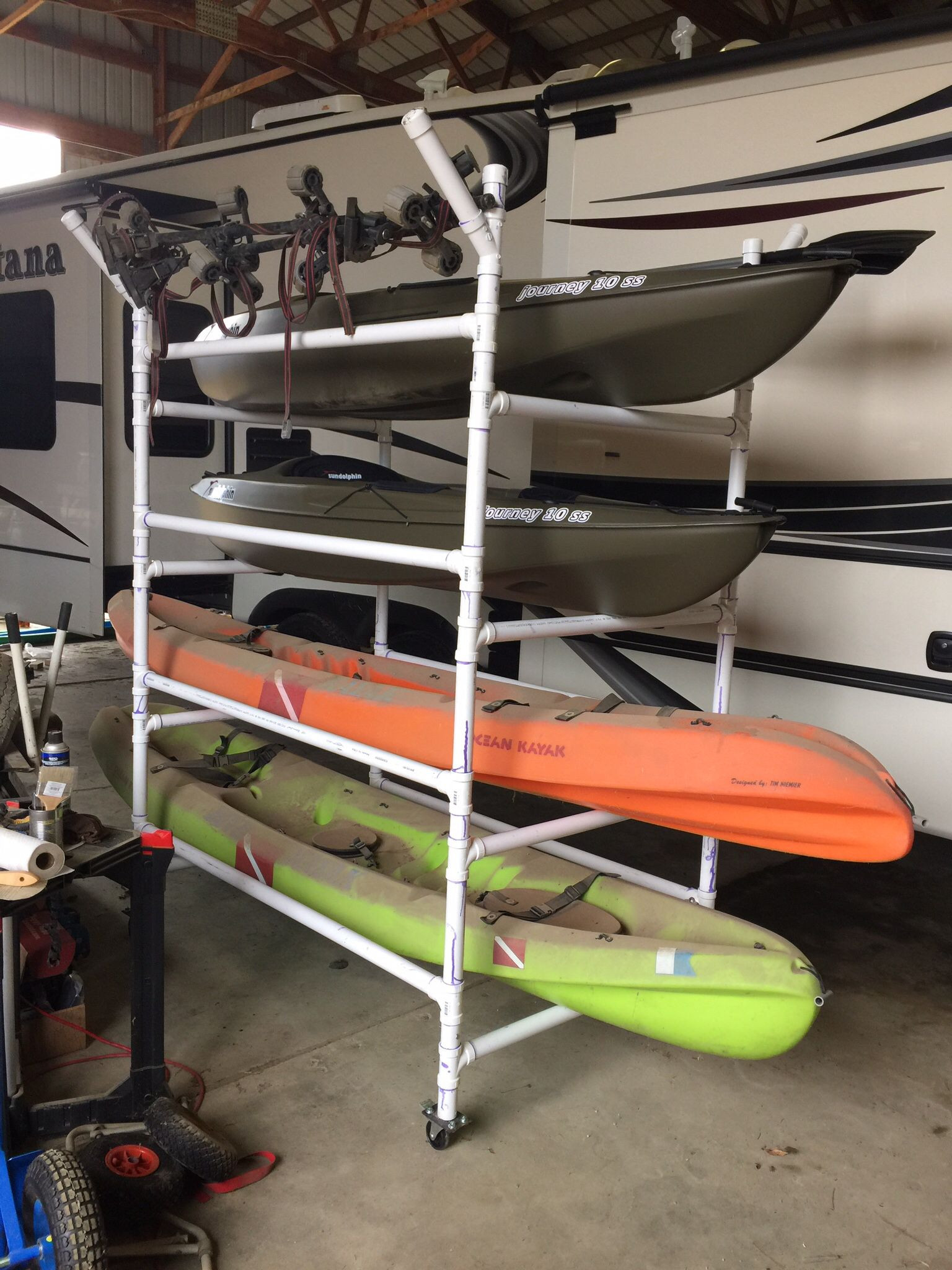 DIY Kayak Storage Rack Plans
 Homemade PVC kayak rack can store 4 kayaks paddles