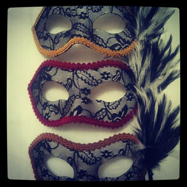 DIY Lace Masquerade Mask
 lace hot glued onto mask frame Lined with thick ribbon in