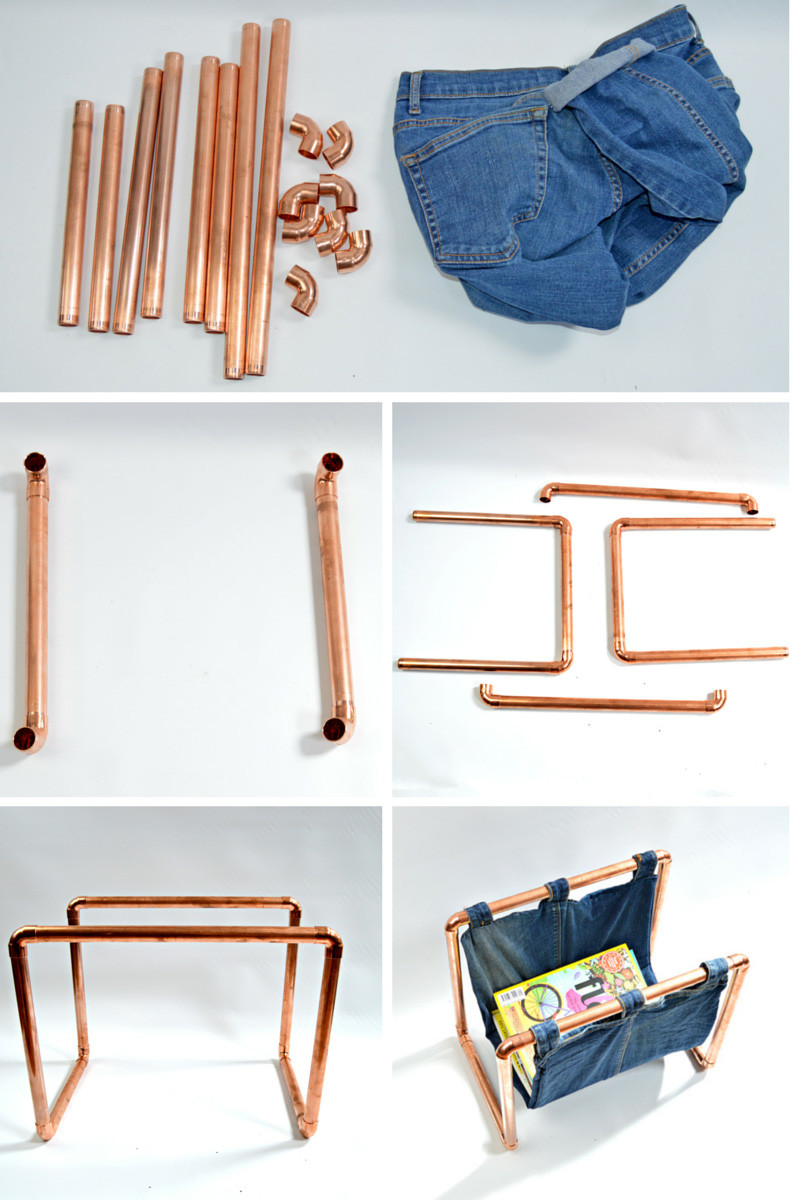DIY Magazine Rack
 How to make a Trendy Copper and Denim DIY Magazine Rack
