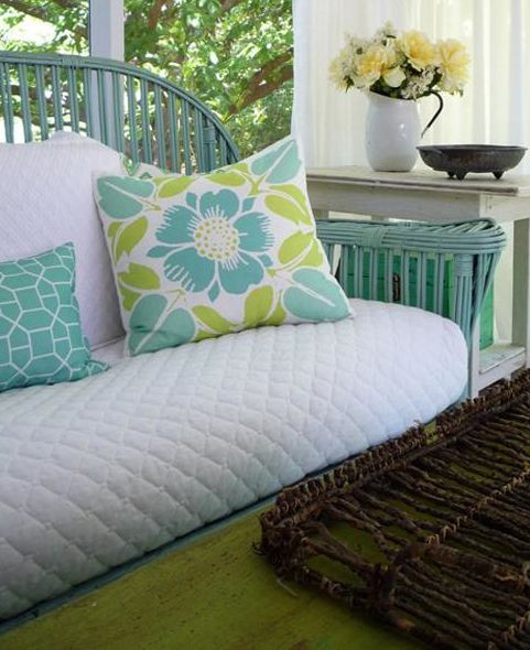 DIY Outdoor Cushions Using Shower Curtain
 use shower curtain or bedspread to recover cushion