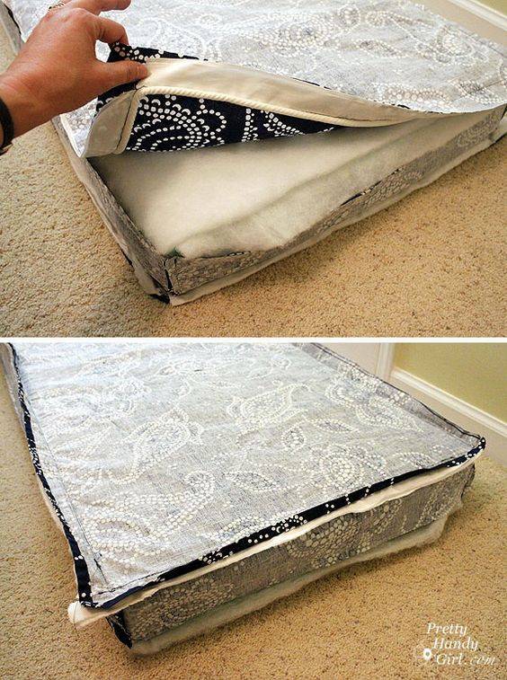 DIY Outdoor Cushions Using Shower Curtain
 bench seat cushion tutorial made from a shower curtain