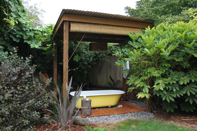 DIY Outdoor Soaking Tub
 Backyard Bath House Eclectic Patio portland