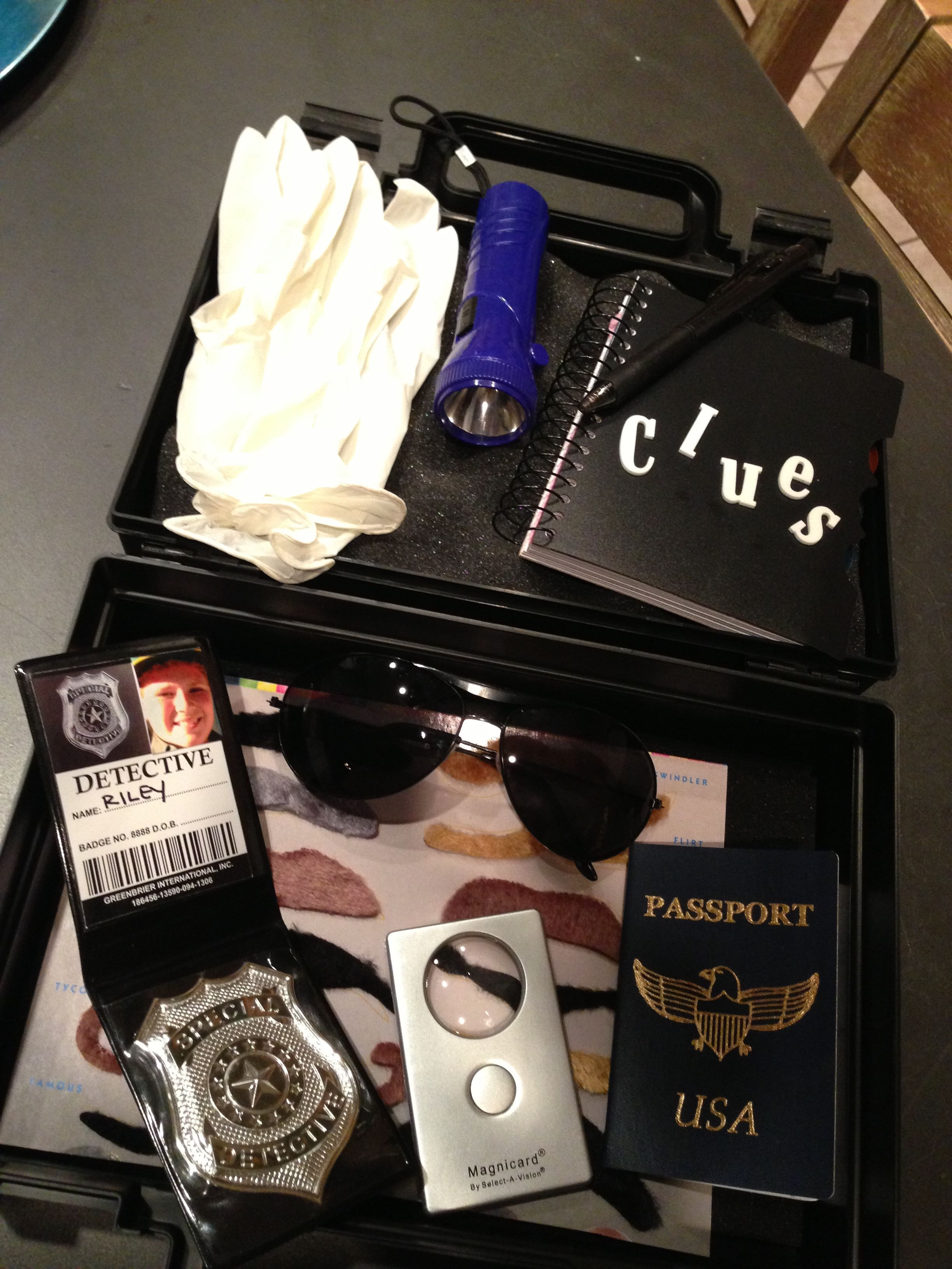 DIY Spy Kit
 DIY spy kit includes badge passport dark glasses gloves