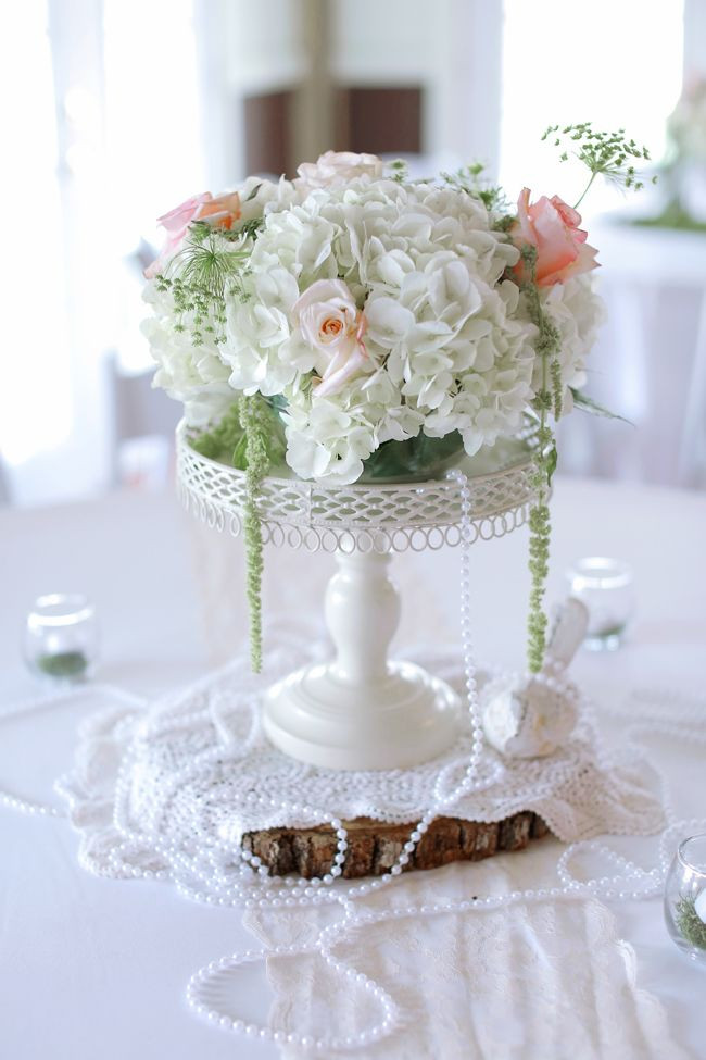 DIY Wedding Centerpieces
 Vintage Inspired Rose and Hydrangea Centerpiece With Pearls