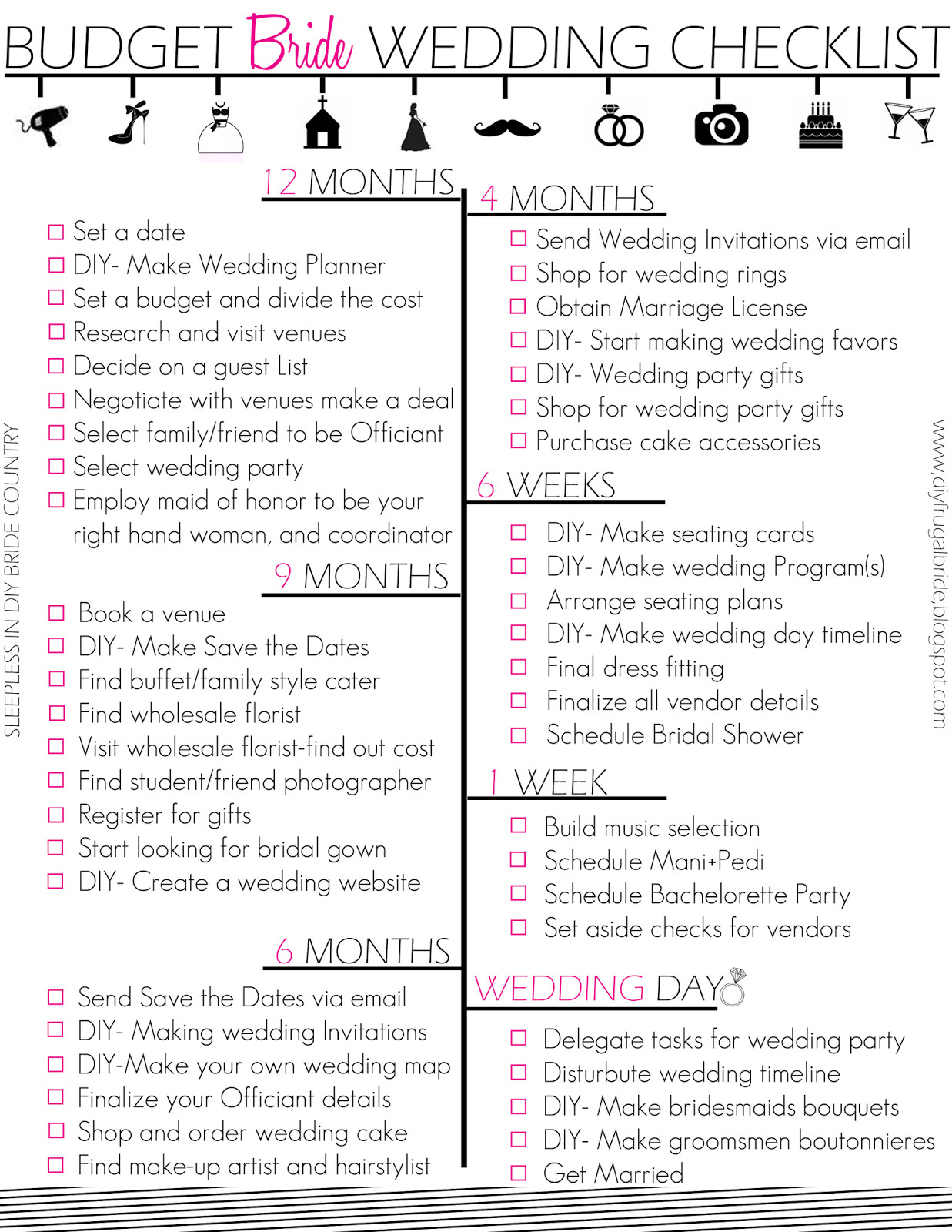 DIY Wedding Checklist
 Sleepless in DIY Bride Country Bud Bride Wedding