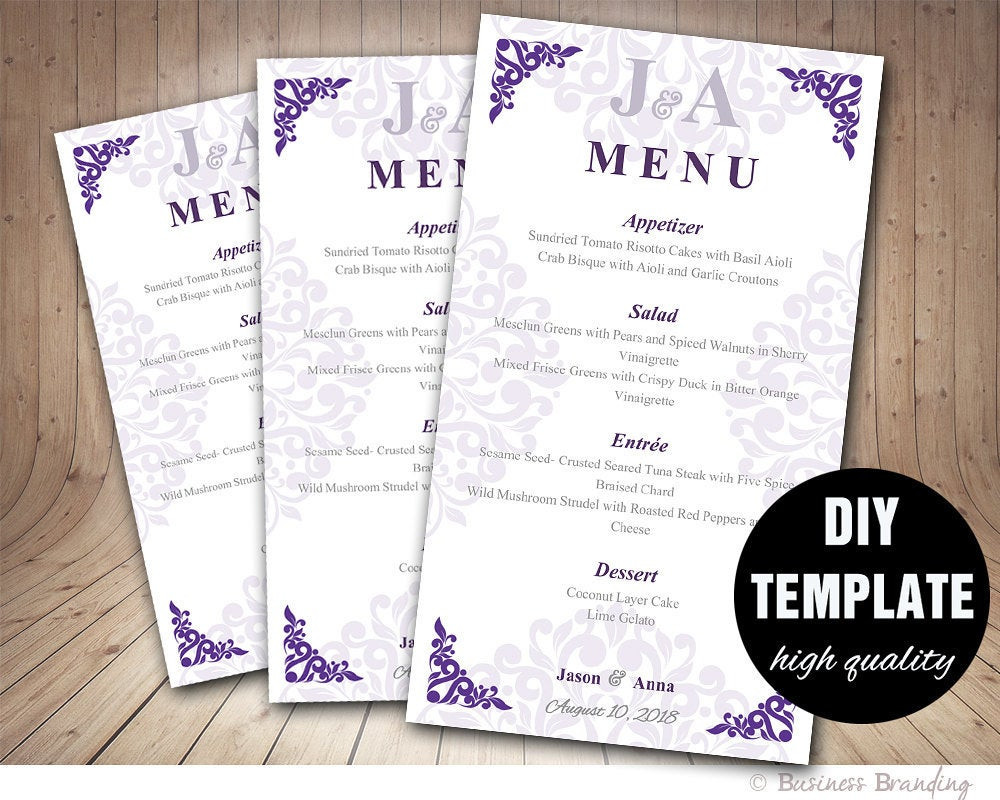 DIY Wedding Menu Cards
 Purple Wedding Menu Card DIY Wedding Menu TemplatePurple