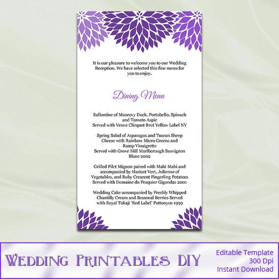 DIY Wedding Menu Cards
 Purple Wedding Menu Template Diy by WeddingPrintablesDiy