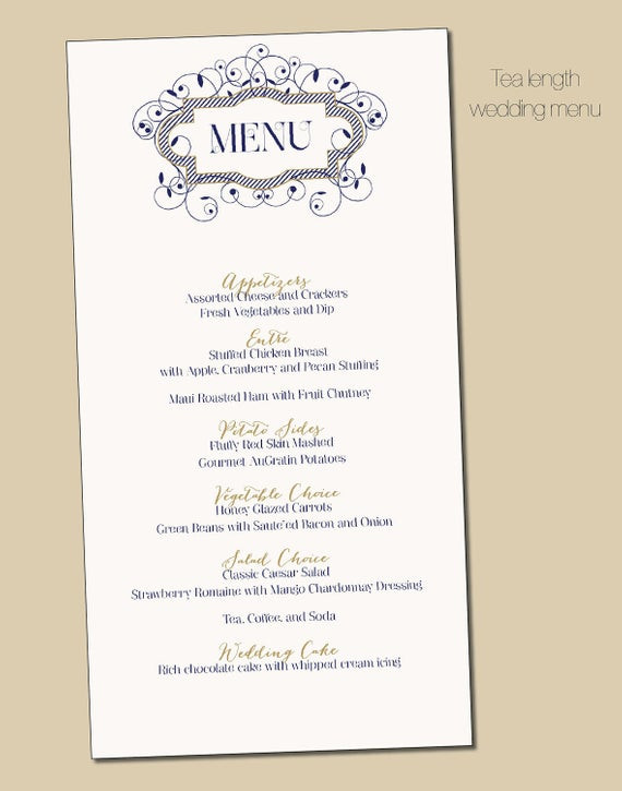 DIY Wedding Menu Cards
 Items similar to Navy & gold swirl border wedding menu