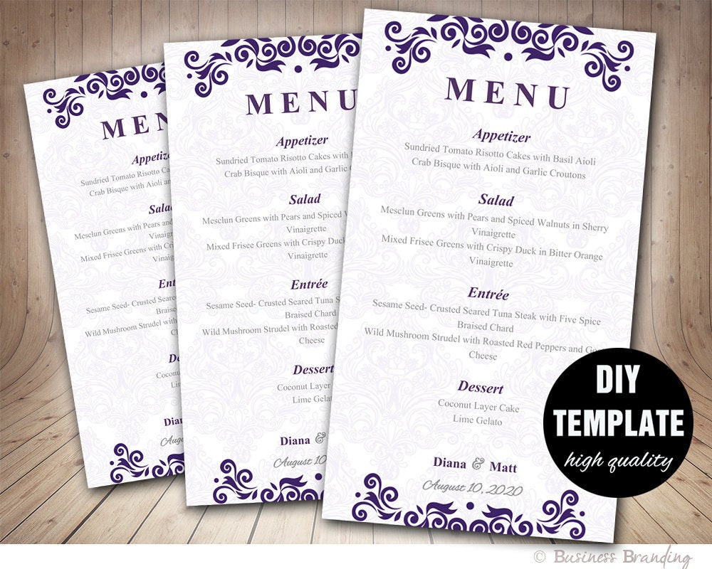 DIY Wedding Menu Cards
 Purple Menu Card Template DIY Wedding Menu Card 4X7Purple