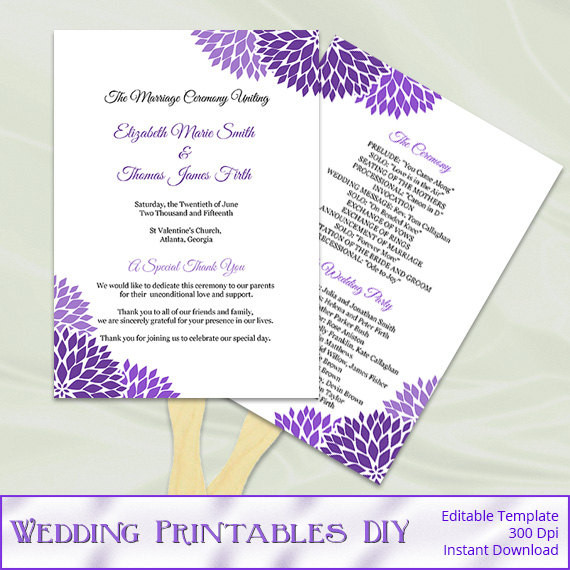 DIY Wedding Program Fans Template
 Wedding Program Fan Template Diy Purple by