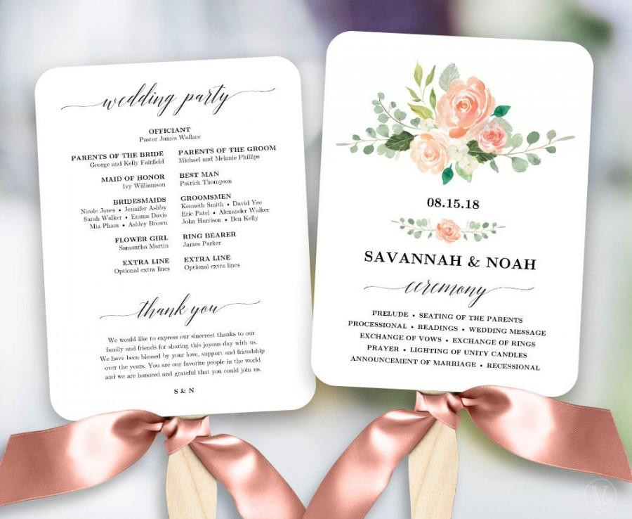 DIY Wedding Program Fans Template
 Peach Blush Floral Wedding Program Fan Template Printable