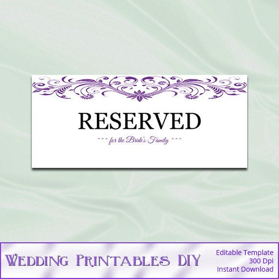 DIY Wedding Signs Templates
 Items similar to Purple Wedding Reserved Sign Template