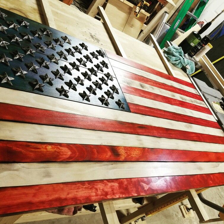 DIY Wood Burned American Flag
 Rustic flag made out of 1x4 s and 1x6 s Water based