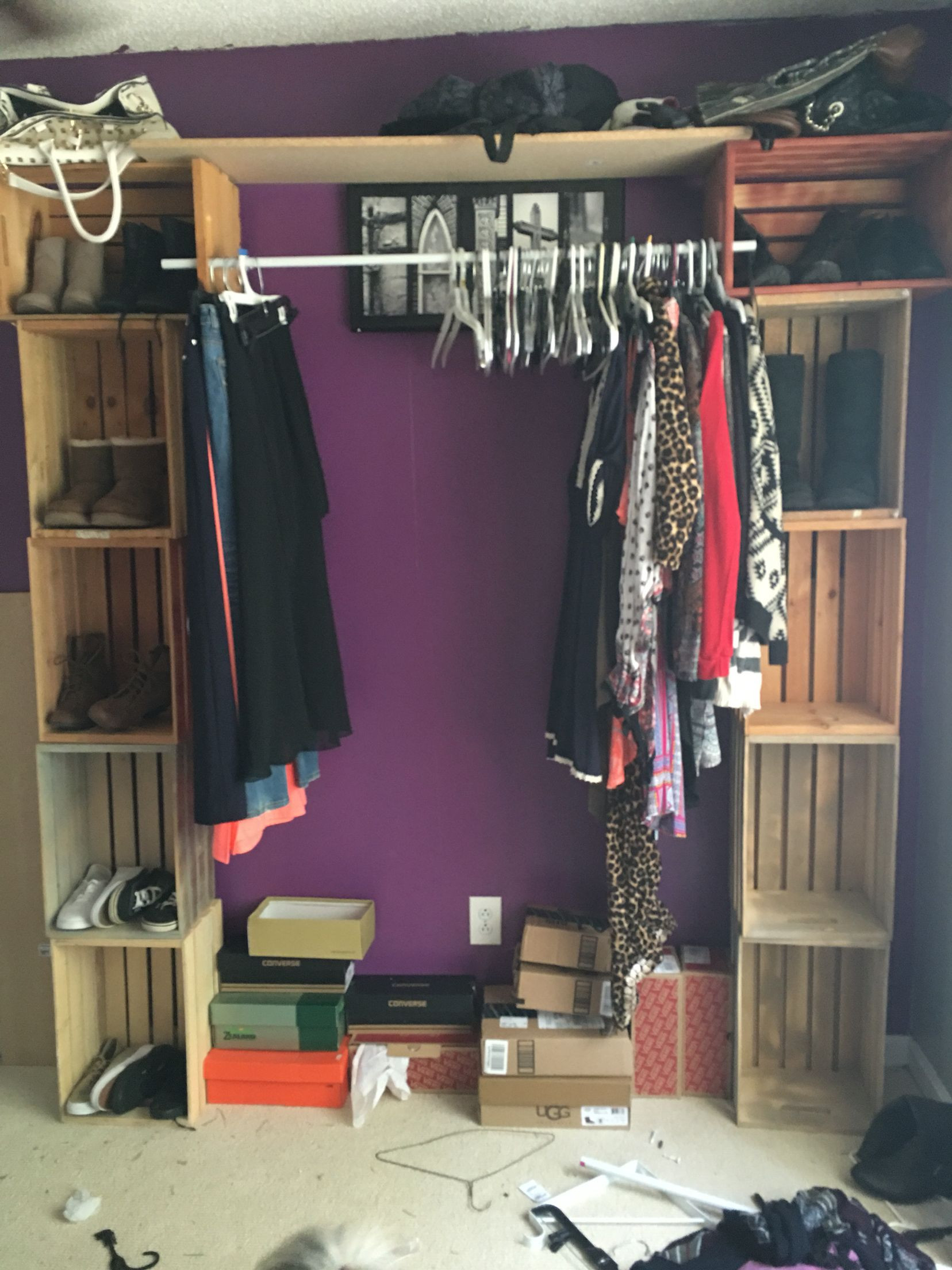 DIY Wooden Closet Organizer
 DIY cloves rack using wooden crates Closet rod goes in