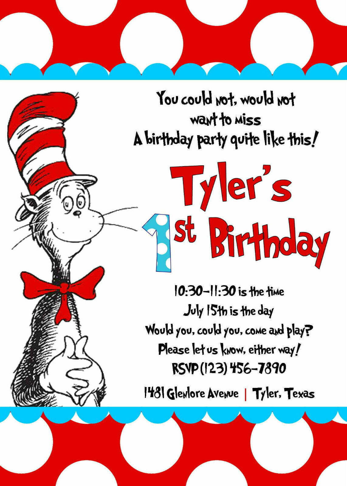 Dr Seuss Invitations Birthday
 Cat in the Hat Invitation printed 5x7 Customized