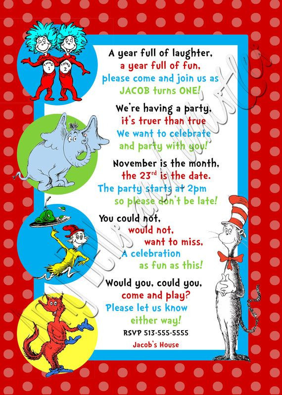 Dr Seuss Invitations Birthday
 Custom Personalized Dr Seuss 1st 2nd or 3rd Birthday