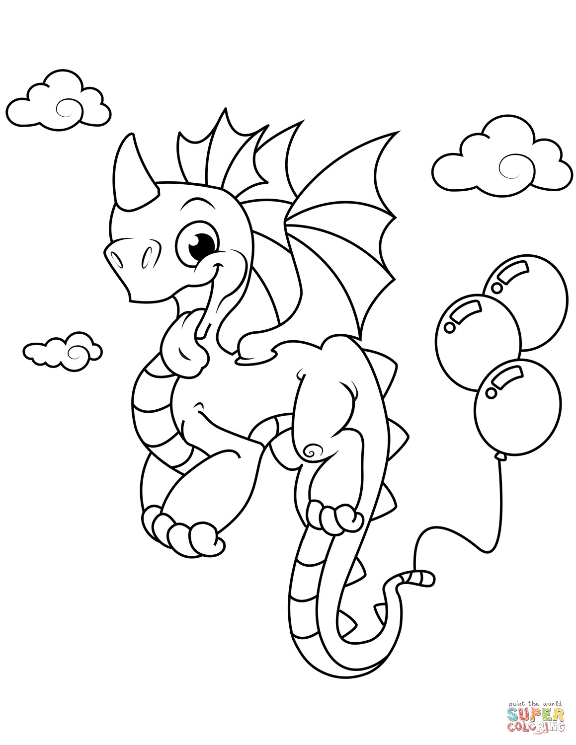 Dragon Coloring Pages Free Printable
 Cute Dragon with Balloons coloring page