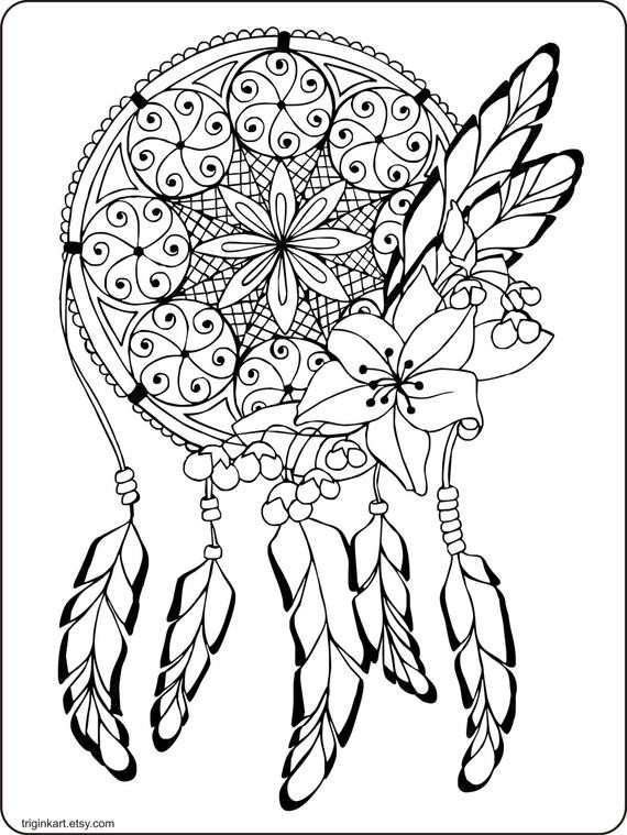 Dream Girl Coloring Book
 Dream Catcher Adult coloring page by triginkart on Etsy