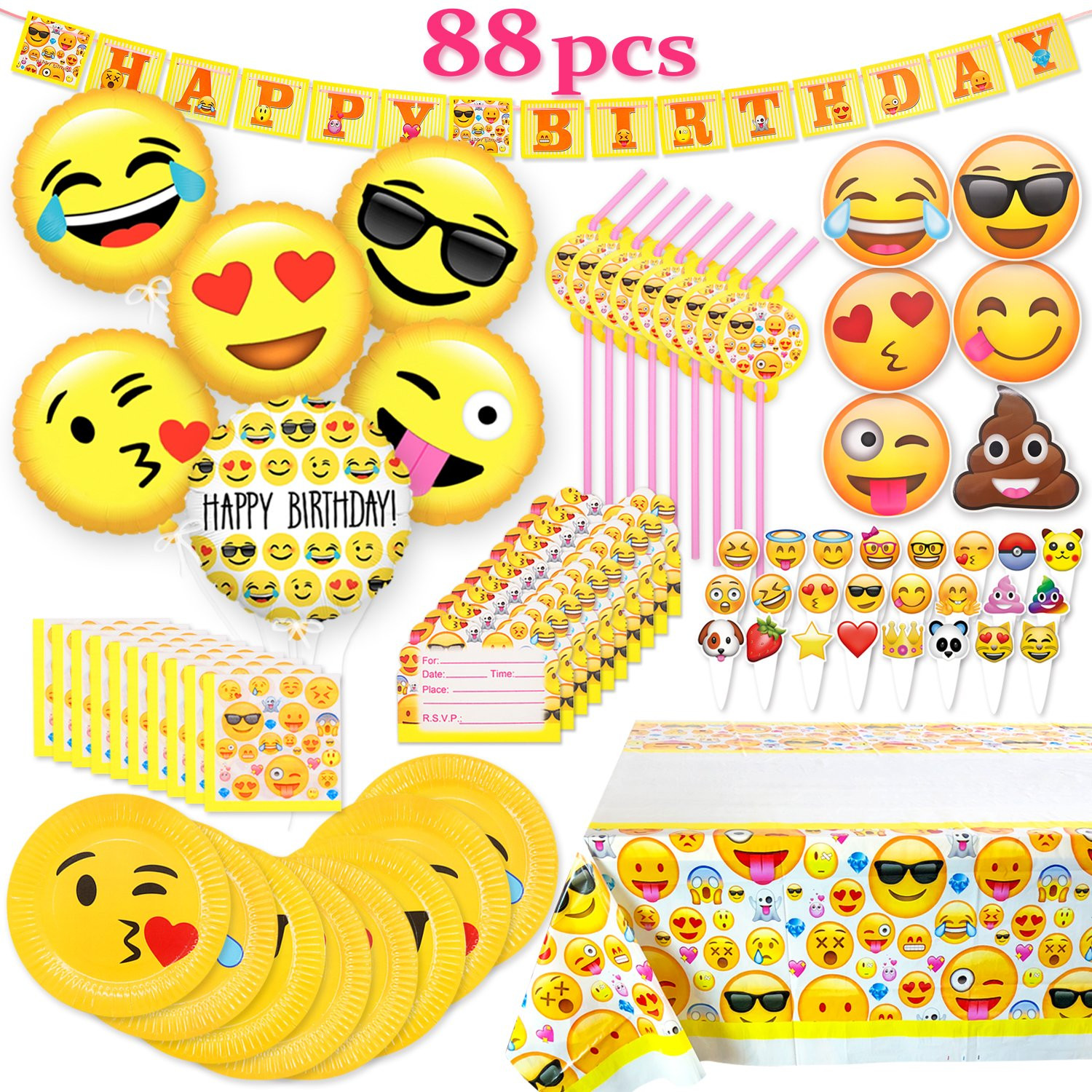 Emoji Birthday Decorations
 Melonboat Emoji Party Supplies 88ct Birthday Decorations