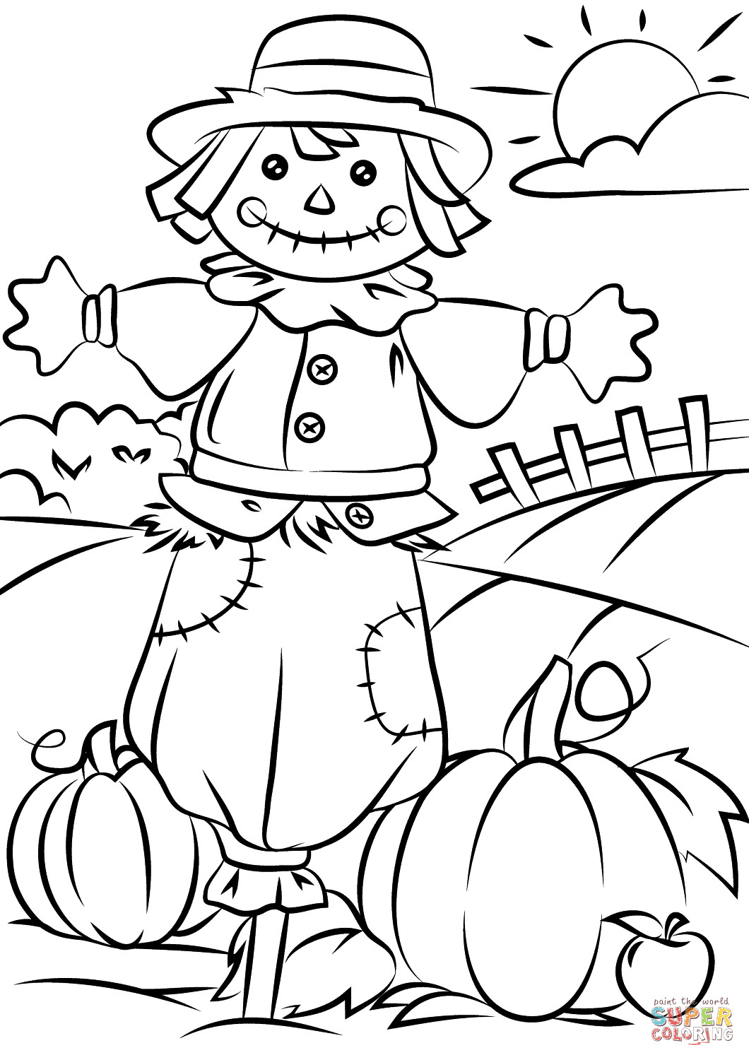 Fall Coloring Sheets Free
 Autumn Scene with Scarecrow coloring page