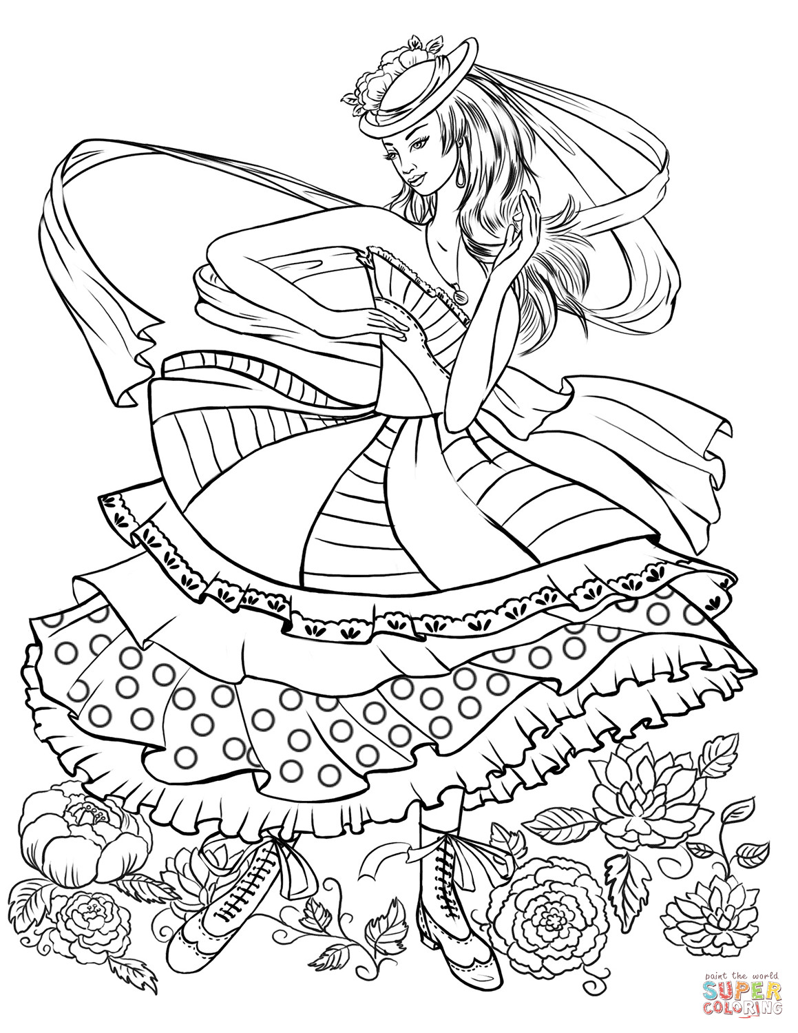 Fashion Girl Coloring Book
 Girl Dancing in a Vintage Fashion Clothing coloring page