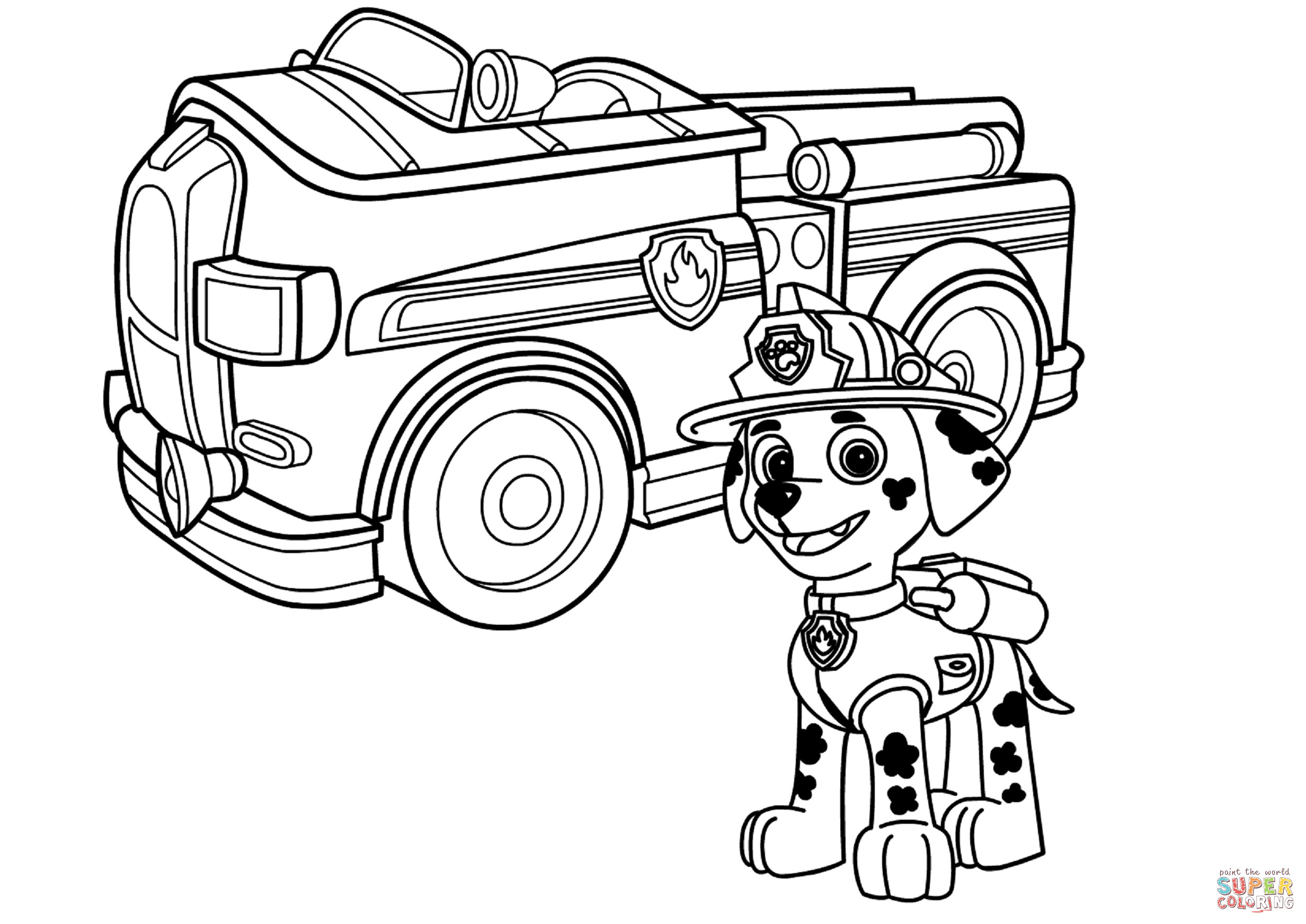 Fire Truck Coloring Pages Printable
 Paw Patrol Marshall with Fire Truck coloring page