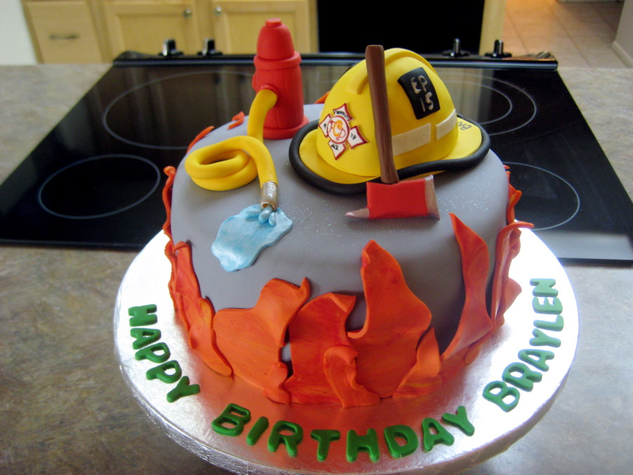 Firefighter Birthday Cake
 Firefighter Cake – Fondant Helmet Ax and Hydrant
