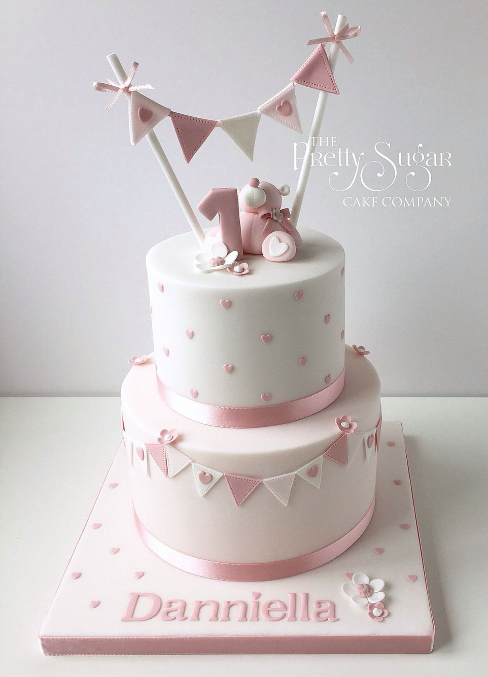 First Birthday Cake Ideas Girl
 Pink polka dot first birthday cake with teddy & bunting