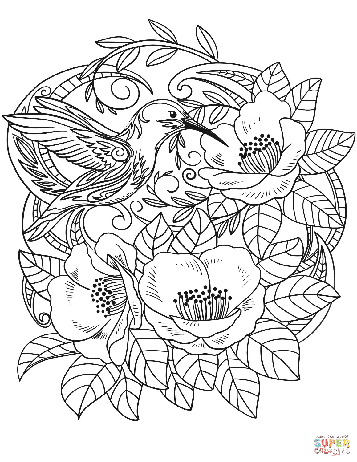 Flower Printable Coloring Pages
 Hummingbird in Flowers coloring page