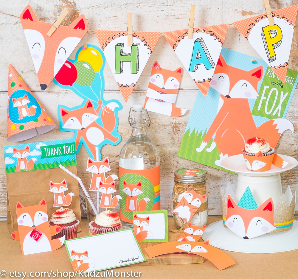 Fox Birthday Party
 Fox woodland Party printable decor kit fox cupcake topper fox