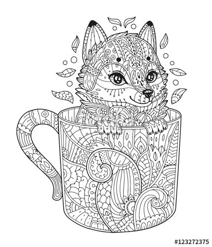 Fox Girl Coloring Pages For Adults
 "Fox in cup Adult antistress coloring page with animal in