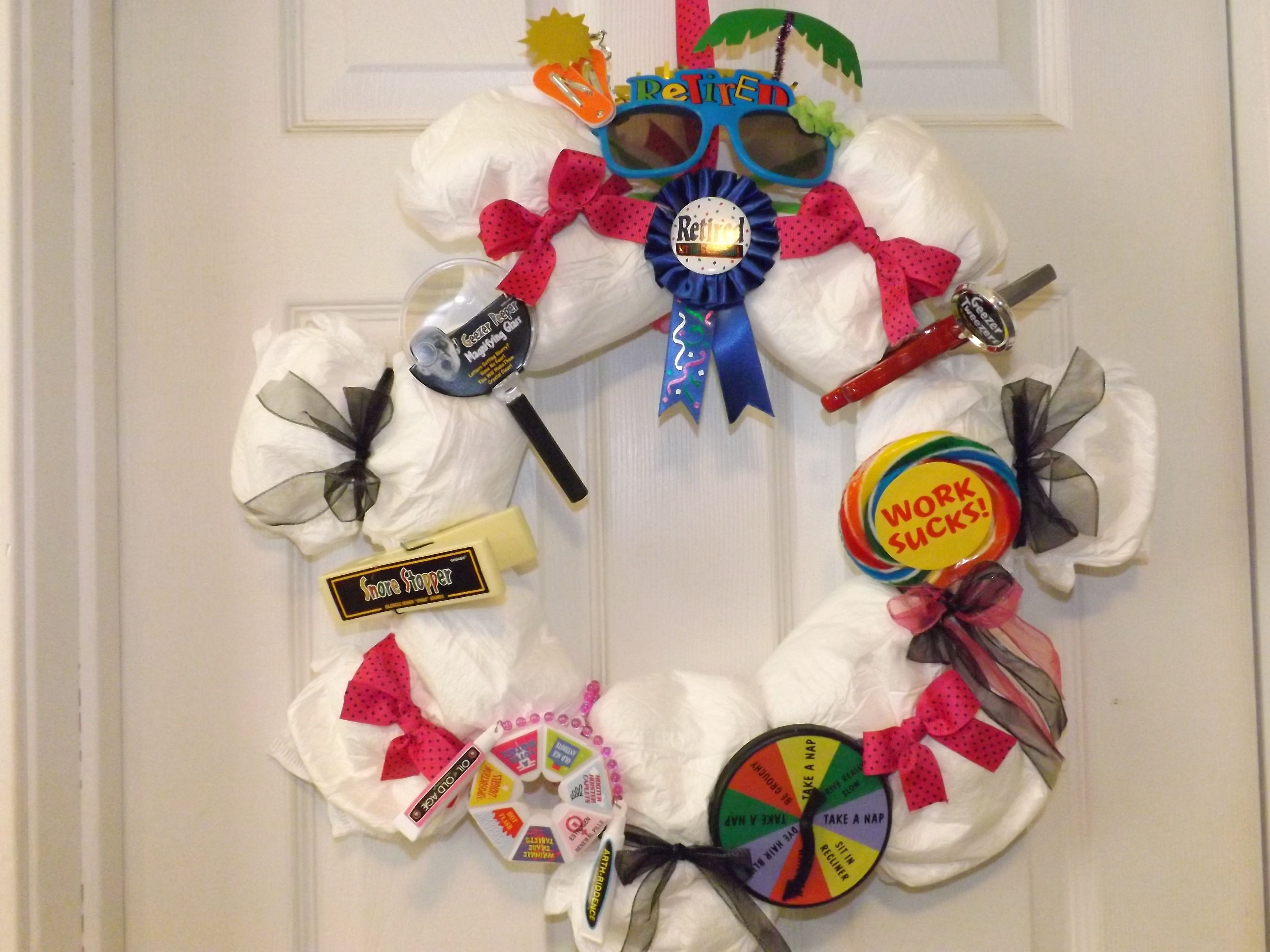 Gag Gifts For Retirement Party Ideas
 Retirement Wreath has depends and retirement gag ts